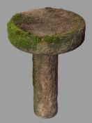 EARLY 20TH CENTURY SANDSTONE PEDESTAL BIRDBATH - 2 section, 60cms H, 41cms diameter top