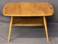 ERCOL LIGHT ELM BUTLER'S TYPE TABLE - the top having fret cut carry handles with under-tier shelf (