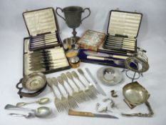 CASED CUTLERY, EPNS & OTHER METAL WARE including a twin-handled pewter trophy cup