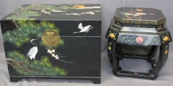 JAPANESE LACQUERWORK & PAINTED LIDDED CHEST with similarly styled octagonal side table, 48cms H,