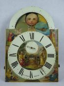 19TH CENTURY LONGCASE CLOCK DIAL, WEIGHTS & PENDULUM - the 14in across arched top dial with moon