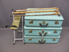 VINTAGE LUGGAGE, WALKING STICKS & A FOLDING STOOL