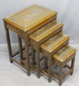 CHINESE HARDWOOD TABLE QUARTETTO - the tops with deep carved decoration and inset glass covers,