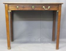 GEORGIAN MAHOGANY SINGLE DRAWER SIDE TABLE - on square uprights with canted back edge, 70cms H, 83.