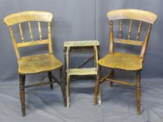 TWO VINTAGE FARMHOUSE OAK CHAIRS and a folding two-step ladder, 84.5cms H, 38cms W, 38cms seat D,