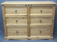MODERN MEXICAN PINE SIX DRAWER BEDROOM CHEST - with iron ring pull handles, 103cms H, 135cms W, 48.