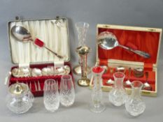 MIXED EPNS, SILVER HALLMARKED & OTHER CUT GLASS VASES, ETC - the hallmarked silver items include a