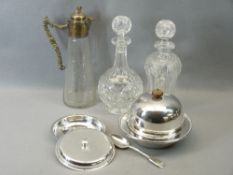 MIXED EPNS & GLASSWARE - a muffin dish and cover, one odd fiddle pattern spoon, EP, cut glass claret