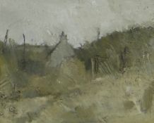 GORDON STUART acrylic - landscape with gable end of house, 18 x 22cms NB: Located for viewing /