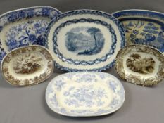 SIX VARIOUS TRANSFER POTTERY PLATTERS including small Ynysmeudwy Pottery brown transfer platter with