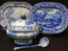 CAMBRIAN POTTERY 'COWS CROSSING STREAM' PLATTER, TUREEN & LADLE in blue and white transfer, the