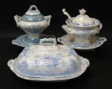 THREE VARIOUS LLANELLY POTTERY TUREENS including two soup tureens, each in blue and white