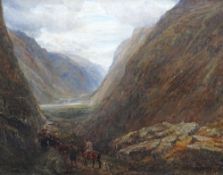 CHARLES THOMAS BURT oil on canvas - dramatic Welsh landscape with drovers on horse and foot moving