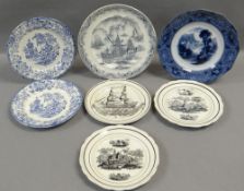 SEVEN VARIOUS WELSH POTTERY PLATES including Dillwyn & Co 'Ship Plate', two similar black transfer
