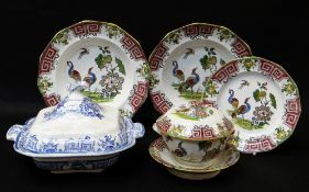 YNYSMEUDWY POTTERY DINNERWARE IN THE 'ORIENTAL BIRDS' PATTERN comprising blue and white tureen and