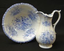 A TRANSFER DECORATED SWANSEA POTTERY JUG & BASIN of fluted form, transfer of flowers, vegetation,