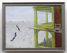 RICHARD O'CONNELL oil on canvas - coastal building with figures, boats and gulls, entitled verso '