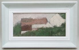GORDON STUART oil on board - entitled verso 'Welsh Barns', signed, 17 x 37cms NB: Located for