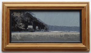DEREK WILLIAMS oil on board - panoramic view across Laugharne estuary featuring Dylan Thomas's