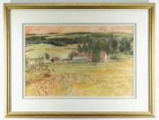 GLYN GRIFFITHS oil on paper / card / board - landscape, entitled verso 'The Green Farm, Shelsley