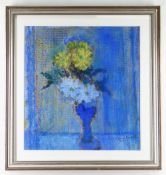 GORDON STUART oil on canvas - still life of flowers in a blue vase, signed and dated 2011, 38 x