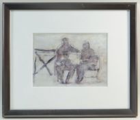 GORDON STUART mixed media - two figures on a bench, signed, 17 x 24cms NB: Located for viewing /