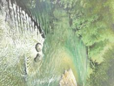 ALEX CAMPBELL acrylic on canvas - tree lined river with rippled eddy to the foreground, signed and