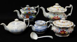 FOUR ANTIQUE WELSH POTTERY TEAPOTS, blue and white transfer, coloured transfer and hand decorated