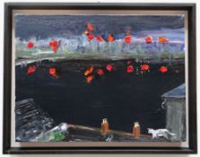 RICHARD O'CONNELL oil on board - city view with cat prowling, entitled verso 'Cardiff Bay at Night',