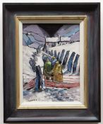 OWEN MEILIR oil on board - figures walking on snowy path, 39 x 29cms NB: Located for viewing /