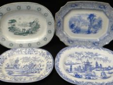 FOUR LLANELLY TRANSFER POTTERY PLATTERS comprising 'Milan', 'Sirius' (with merchant's stamp for F