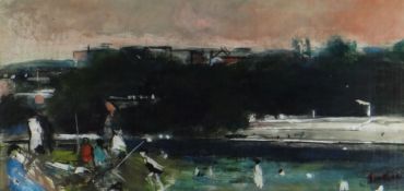 GLYN GRIFFITHS oil on paper / card / board - figures by a river, entitled verso 'On the River',