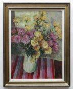 GLYN GRIFFITHS oil on board - still life, entitled verso 'Chrysanthemums and a Striped Cloth',