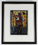 WILL ROBERTS print - standing waistcoat wearing gardener holding a long pole, signed and dated 1981,