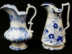 LLANELLY SOUTH WALES POTTERY BLUE & WHITE TRANSFER JUG IN THE 'PANORAMA' PATTERN of bellied form,
