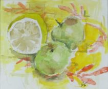 GORDON STUART watercolour - still life of a lemon and apples, signed with initials, 17 x 20cms NB: