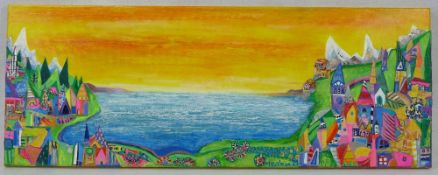 DANIEL MEAKIN mixed media on box canvas - 'Getaway', signed and dated 2021, 30 x 80cms Auctioneer'