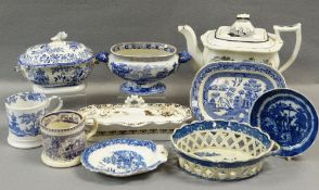 ASSORTED GROUP OF WELSH POTTERY TRANSFER WARE including toothbrush container, sauce tureen, mugs,