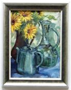 CYNTHIA GRIFFITHS oil on board - still life, entitled verso 'Green Teapot and Sunflowers', signed