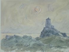 SIR KYFFIN WILLIAMS RA coloured limited edition (369/750) - Llanddwyn Lighthouse Anglesey at sunset,