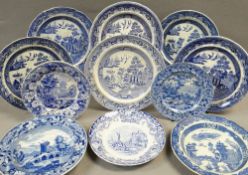 VARIOUS ANTIQUE BLUE & WHITE TRANSFER PLATES / DISHES with Swansea items including 'Ladies of