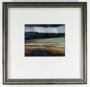 PETER DANIELS oil on board - landscape with rain, dated verso 1998, 14 x 17cms NB: Located for