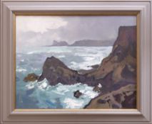 GARETH THOMAS oil on board - Welsh coastline, entitled verso by artist hand 'View Over the Knave',