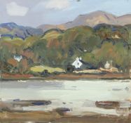 GARETH THOMAS oil on board - Welsh cottages by coastline, signed, unframed, 23.5 x 25cms