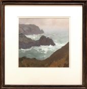 GARETH THOMAS oil on board - Gower coastline, entitled verso 'Above Three Cliffs', signed verso,