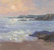 GARETH THOMAS oil on paper - coastline sunset, signed, unframed, 25.5 x 27.5cms