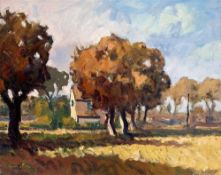GARETH THOMAS oil on canvas - French landscape with building, entitled verso by artist hand '