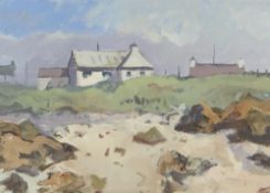 GARETH THOMAS oil on board - beach with houses, unsigned, unframed, 28.8 x 40.5cms
