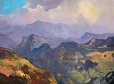 GARETH THOMAS oil on canvas - Eryri landscape, entitled verso by artist hand 'Morning Light Over