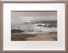 GARETH THOMAS pastel - two figures on Anglesey beach with coastline, entitled verso 'Light